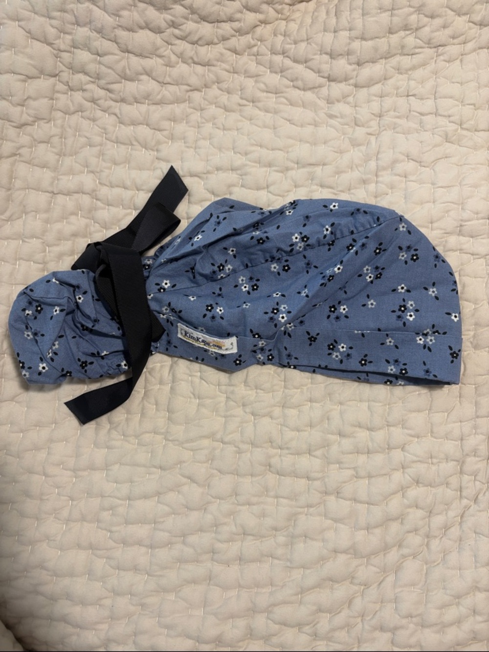 Blue Floral Scrub Cap with Black Tie